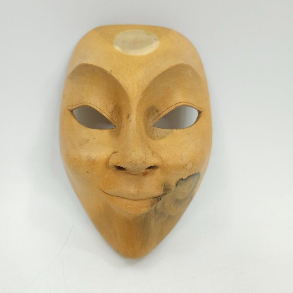 Carved Wood Smile Mask 8-inch Decorative Smiling Face Theater Decor Asian Style